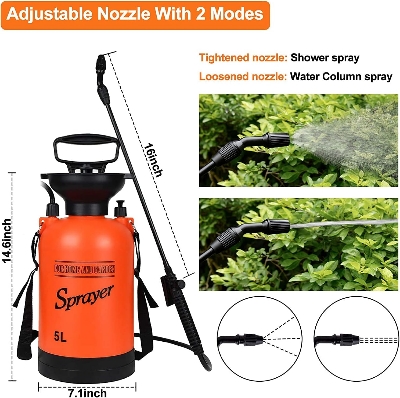 Picture of Garden Pump Sprayer 5L with 2 Different Nozzles Adjustable Shoulder Strap, Pressure Relief Value, Multi-Purpose