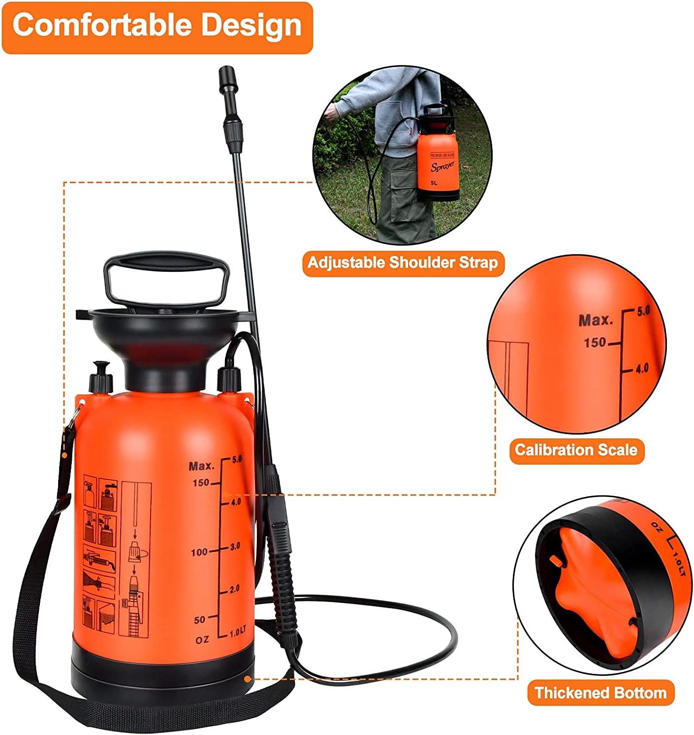 Picture of Garden Pump Sprayer 5L with 2 Different Nozzles Adjustable Shoulder Strap, Pressure Relief Value, Multi-Purpose