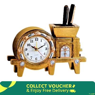 Picture of Brass Desk Clock with Pen Holder – Analog Table Clock for Office Desk, Study Table & Gift Use
