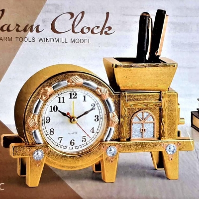 Picture of Brass Desk Clock with Pen Holder – Analog Table Clock for Office Desk, Study Table & Gift Use