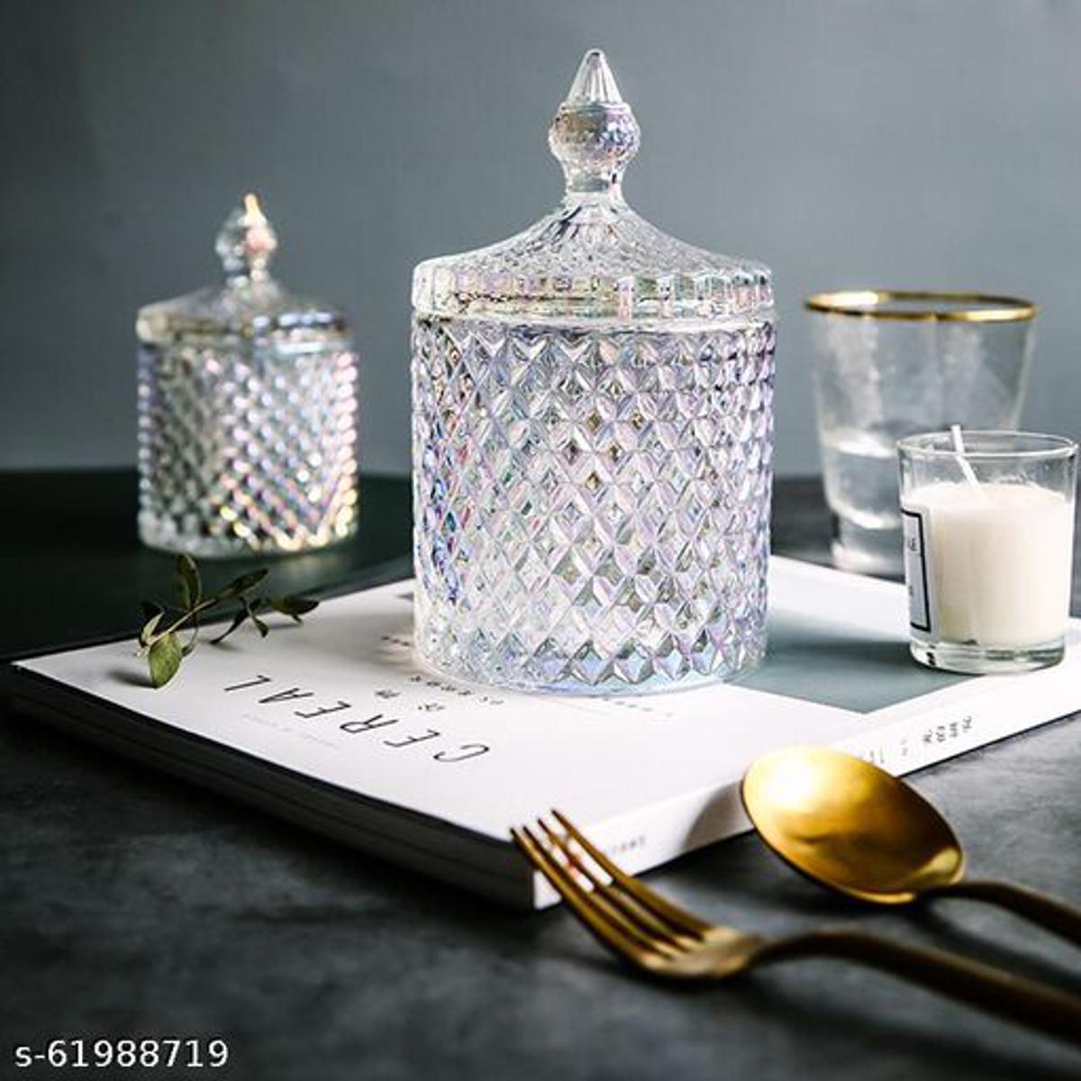 Picture of Crystal Diamond Faceted Jar with Crystal Lid,Suitable as A Candy Bowl,Cookie Tin,Biscuit Barrel,Decorative Candy Jar Sugar Bowl (Set of 1).