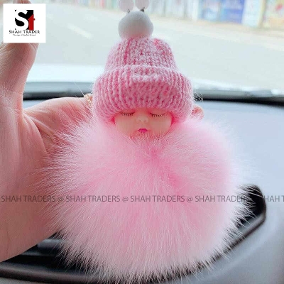 Picture of Cute Cartoon Sleeping Baby Doll Key chains Fur Ball Plush Fluffy Key Chain For Women Men Bag Pendant Car Key Holder Toys For Children Gift