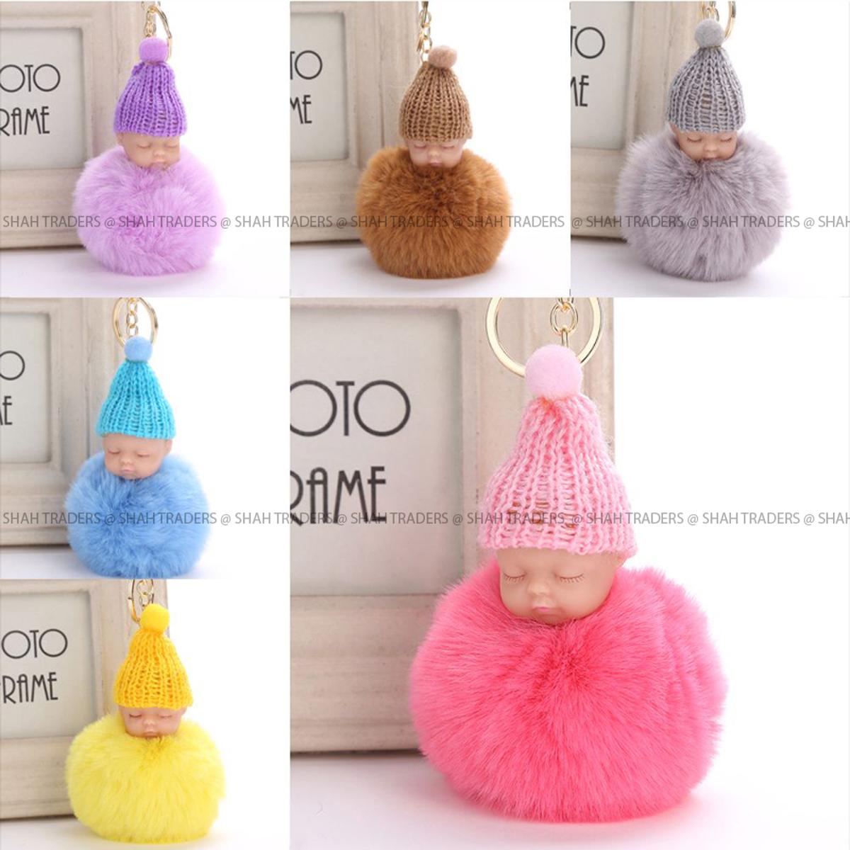 Picture of Cute Cartoon Sleeping Baby Doll Keychains Fur Ball Plush Fluffy Key Chain For Women Men Bag Pendant Car Key Holder Toys For Children Gift