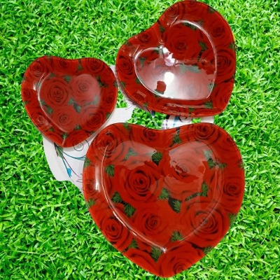 Picture of Red Heart shaped Designer Glass Serving Platter Set of 3 Pieces  Beautiful Printed Glass Serving Platter for Dinnerware, Crockery and Dining