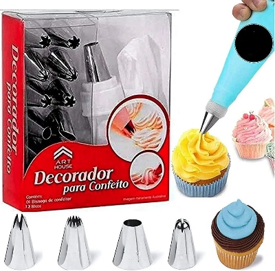 Picture of 12 Piece Cake Decorating Set Frosting Icing Piping Bag Tips with Steel nozzles Reusable & Washable.