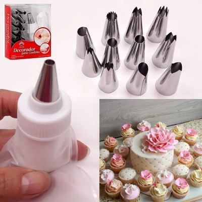Picture of 12 Piece Cake Decorating Set Frosting Icing Piping Bag Tips with Steel nozzles Reusable & Washable.
