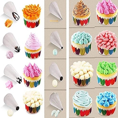 Picture of 12 Piece Cake Decorating Set Frosting Icing Piping Bag Tips with Steel nozzles Reusable & Washable.