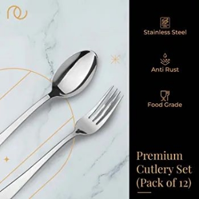 Picture of (Set of 12) 6 Stainless Steel Spoons & 6 Forks, 100% Food Grade Cutlery Set,