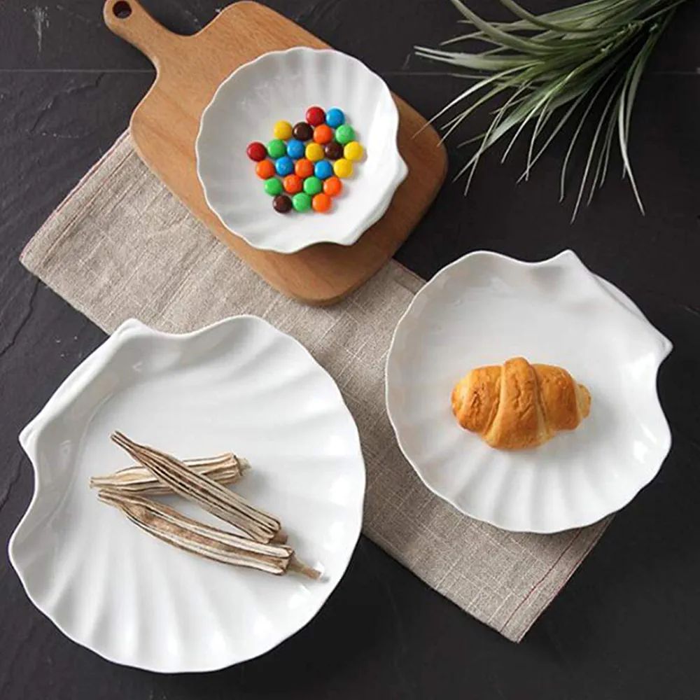 Picture of 6pcs White Porcelain Shell Dish Multipurpose Ceramic Appetizer Plates Dinner Dessert Salad Plates Elegant Serving Dish 4 Inch.