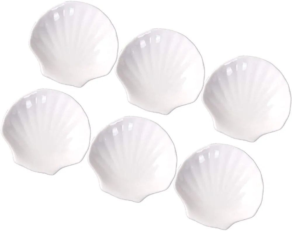 Picture of 6pcs White Porcelain Shell Dish Multipurpose Ceramic Appetizer Plates Dinner Dessert Salad Plates Elegant Serving Dish 4 Inch.