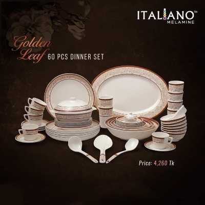 Picture of Advanced inspiring - Unique Make - Italiano Melamine Golden Leaf Dinner Set -60 Piece. - Sustainable Option - To Exprerience Greatness