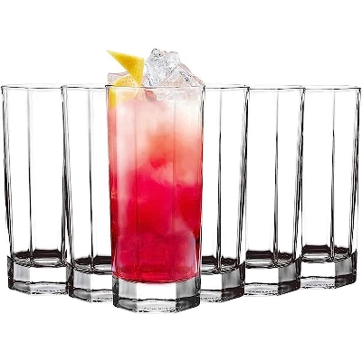 Picture of Octagonal Highball Long Water/Juice Glass Set - 300ML [Crystal Square Tumbler Glasses - Transparent] (Pack of 6)