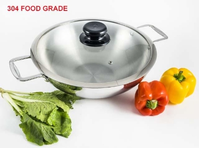 Picture of Stainless Steel 3 Layer Wok with Glass Lid and SS Handle 304 FOOD GRADE