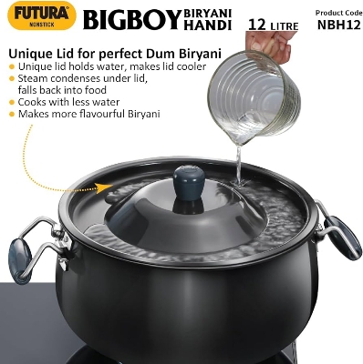 Picture of Hawkins Futura 12 Litre BigBoy Biryani Handi, Non Stick Pot with Hard Anodised Lid, Sauce Pan for Cooking and Serving Biriyani