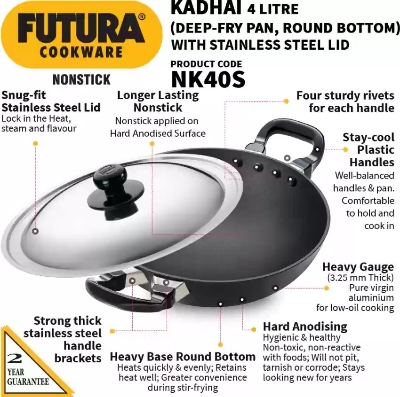 Picture of Hawkins Fututa Deep-Fry Pan, (NK40S) Kadhai 30 cm diameter with Lid 4 L capacity
