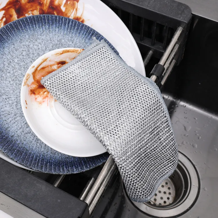Picture of 5 Pcs double ply Non-Scratch Steel Wire Dishcloth Daily Cleaning Cloth Non Stick Oil Wiping Cloth Kitchen Stove Dishwashing Pot Washing Dishes