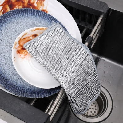 Picture of 5 Pcs double ply Non-Scratch Steel Wire Dishcloth Daily Cleaning Cloth Non Stick Oil Wiping Cloth Kitchen Stove Dishwashing Pot Washing Dishes