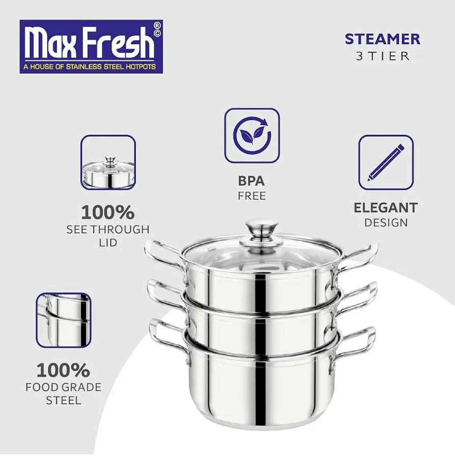Picture of 24cm Maxfresh Stainless Steel Steamer/Modak/Momo Maker with See through Lid, (24cm x 3 tier),Silver
