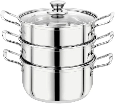 Picture of 24cm Maxfresh Stainless Steel Steamer/Modak/Momo Maker with See through Lid, (24cm x 3 tier),Silver