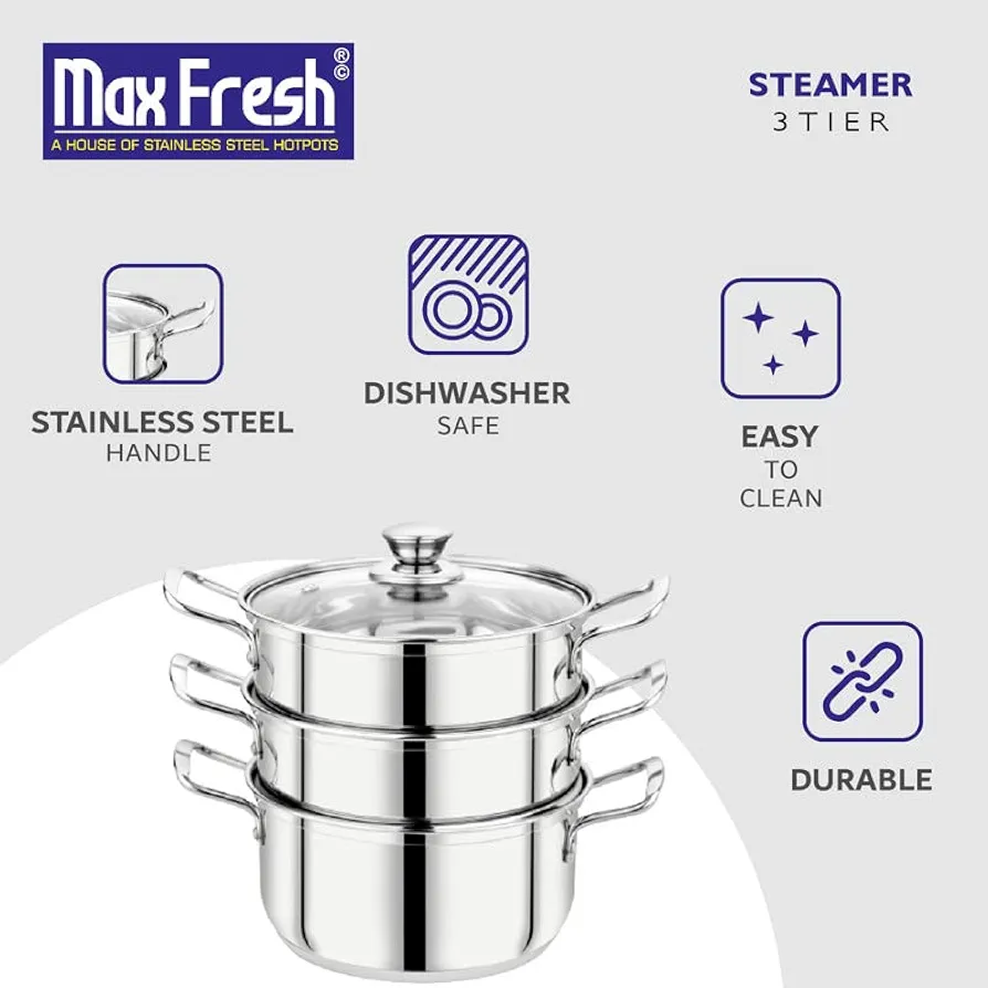 Picture of 24cm Maxfresh Stainless Steel Steamer/Modak/Momo Maker with See through Lid, (24cm x 3 tier),Silver