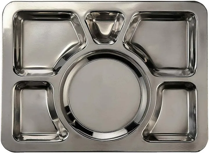 Picture of Acense 6 Compartment Stainless Steel Large Plate (Thali), Food Grade Material, Multi-Purpose, BPA/Toxin-Free, Dimensions: 40cmx30cmx2cm