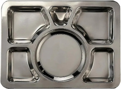 Picture of Acense 6 Compartment Stainless Steel Large Plate (Thali), Food Grade Material, Multi-Purpose, BPA/Toxin-Free, Dimensions: 40cmx30cmx2cm