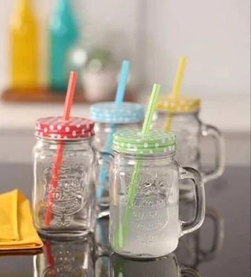 Picture of 1 Serve Refreshing Drinks In Mason Jars With Handle Colorful Lid With Reusable Straw MULTI-COLOR