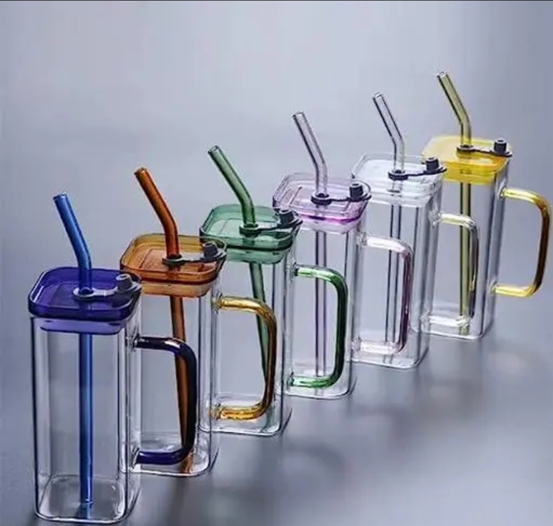 Picture of 1PC Premium-Square Mason Jar 400ml - Elegant Glass Container for Storage, Preservation and Decor, Airtight Lid, Versatile and Stylish Jar, Milkshake, Coffee & Juice Jar with Straw