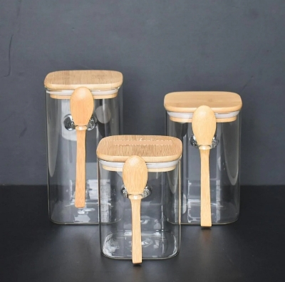Picture of 3 Pcs Airtight Glass Cookie Jar OR Spice Jar Set with Spoon