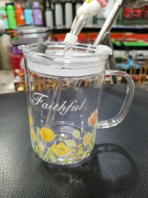 Picture of 1 Floral Design Premium Jar Mug- Elegant Glass Container for Storage, Preservation and Decor, Airtight Lid, Versatile and Stylish Jar, Milkshake, Coffee & Juice Jar with Straw