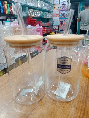 Picture of 1PC Plain Glass Can With Bamboo Lid & Sip 61-2