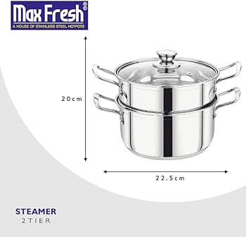 Picture of 20cm Maxfresh Stainless Steel Steamer/Modak/Momo Maker with See through Lid, (20cm x 2 tier)