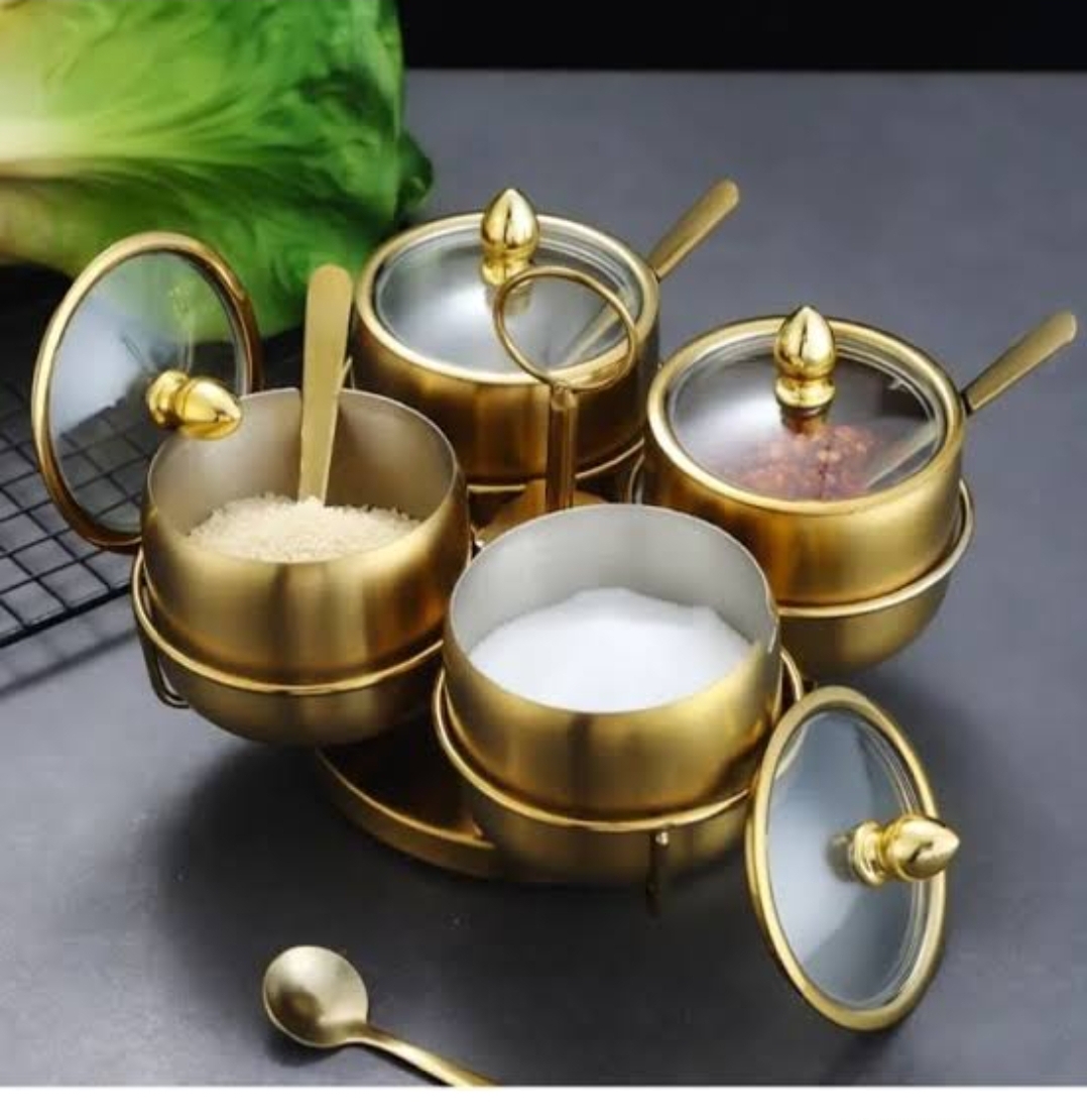 Picture of 4 Pcs Stainless Steel Spice Jar with Revolving Stand MULTICOLOUR
