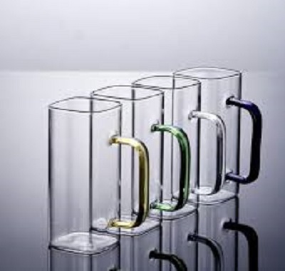 Picture of 4 Pieces Borosilicate 400ML Glass Coffee Mug with Colored Handle GPB306-2/L4C