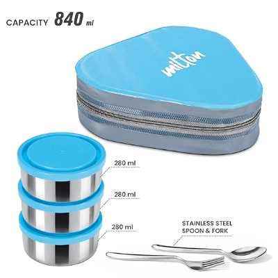 Picture of MILTON Triyum Stainless Steel Tiffin, 3 Container, 280 ml Each, with Jacket, Spoon & Fork, Lunch Box  Food Grade  Odour Proof  Light Weight