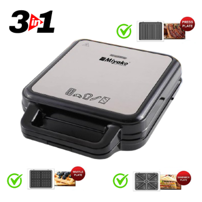 Picture of 3 In 1 Miyako Sandwich Maker SM-012-HY with Sandwich Plate, Grill Plate & Waffle Plate