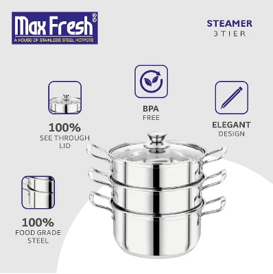 Picture of 24cm Maxfresh Stainless Steel Steamer/Modak/Momo Maker with See through Lid, (24cm x 3 tier),Silver