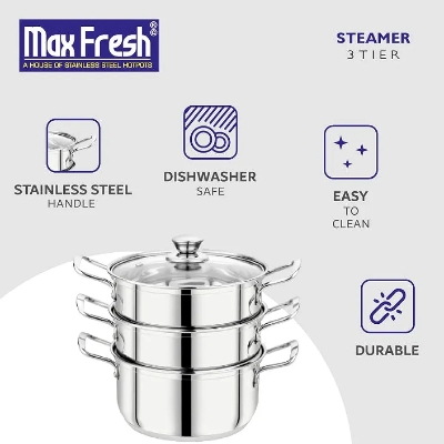 Picture of 24cm Maxfresh Stainless Steel Steamer/Modak/Momo Maker with See through Lid, (24cm x 3 tier),Silver