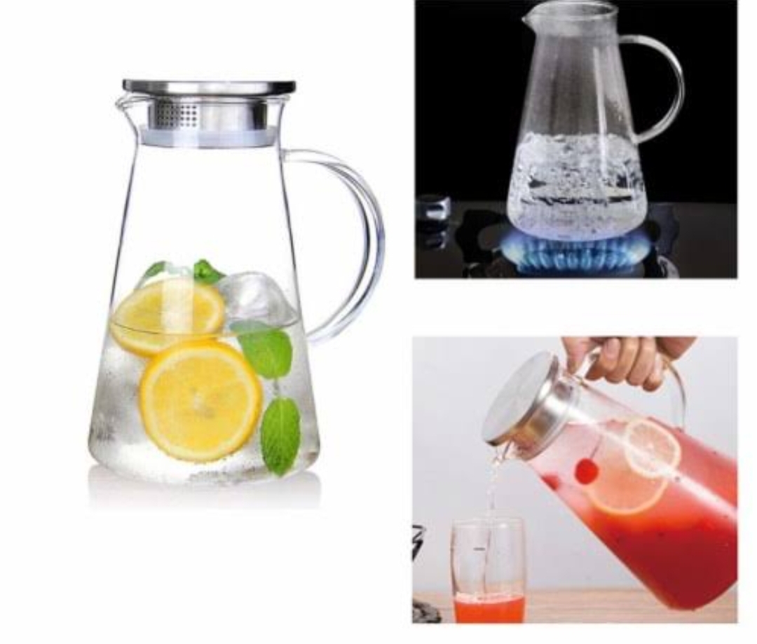 Picture of 1PC Deli 1.5L Water Jug Pot, Stainless Steel Air Tight Cap,Transparent Borosilicate Glass