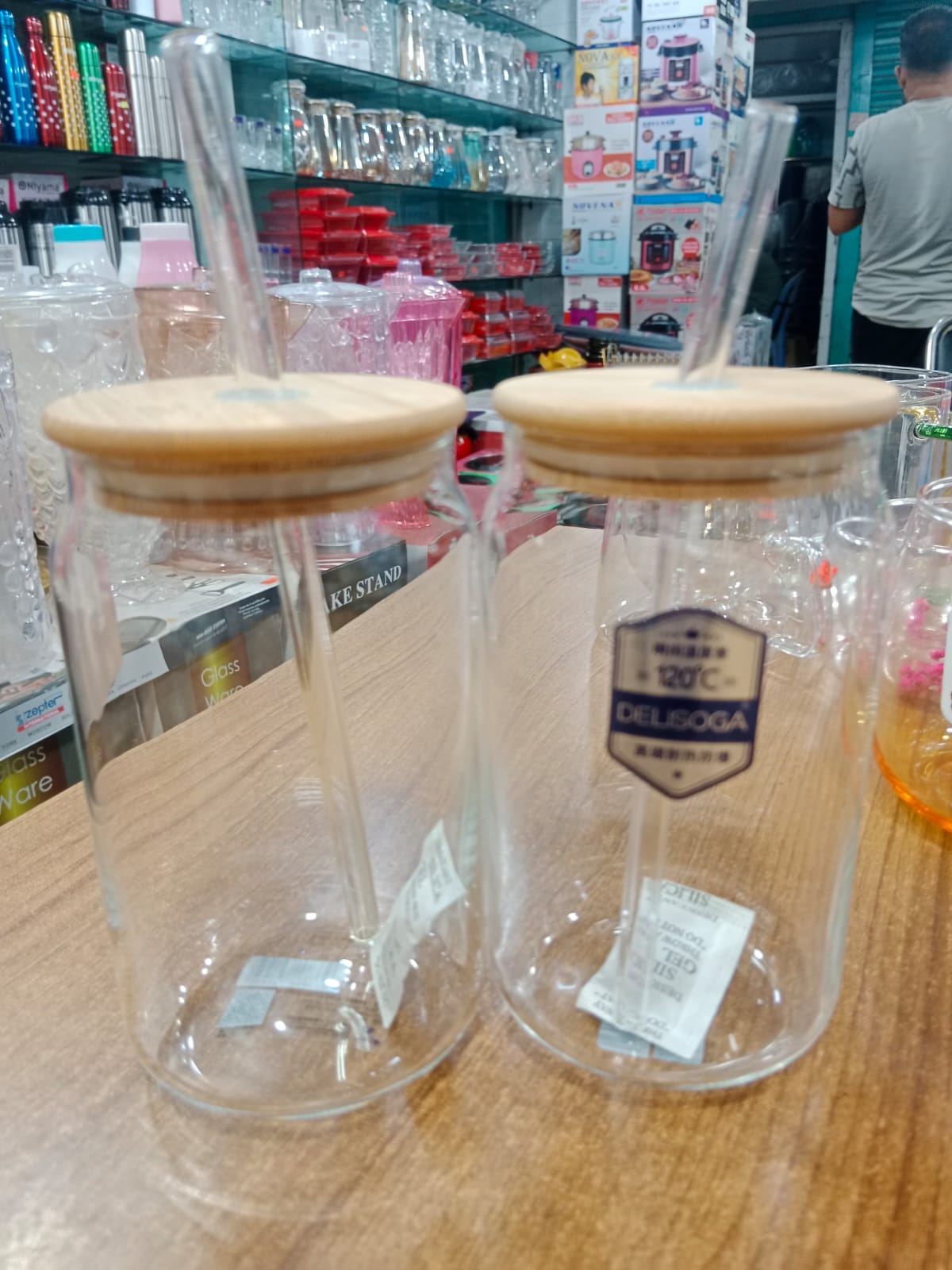 Picture of 1PC Plain Glass Can With Bamboo Lid & Sip 61-2