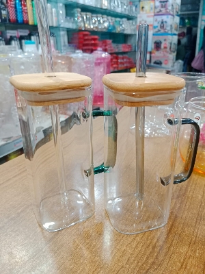 Picture of 1PC Plain Glass Jar With Bamboo Lid & Sip