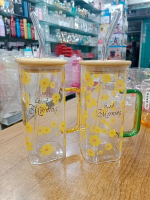 Picture of 1 Glass Mug Flower Printed With Bamboo Lid & Sip 6363