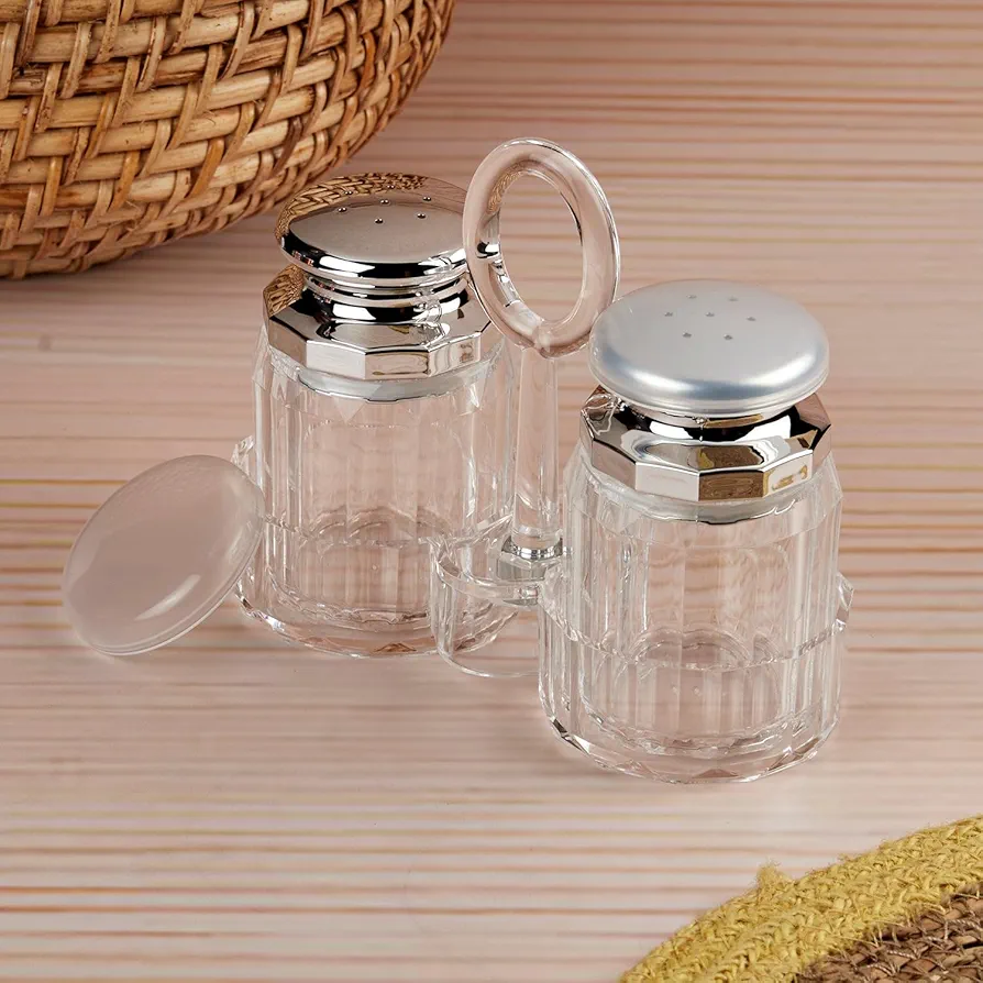 Picture of 1 Set Acrylic Salt and Pepper Shakers Set with Tray for Dining Table Used as Namak Dhani, Shaker, Sprinkler, Spices Dispenser for Home, Kitchen and Restaurant