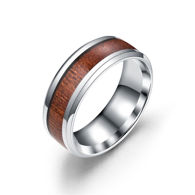 Picture of Rhodium Plated Wholesale Titanium Stainless Steel Wooden Round Rings