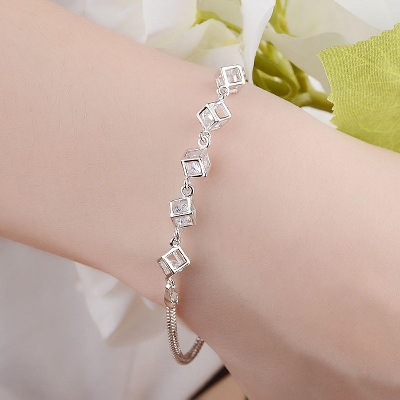 Picture of Silver Bracelets for Women Clear Cube Crystal Chain Bracelet