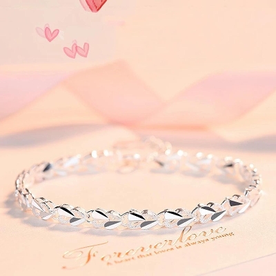 Picture of Silver Heart Charm Bracelet Bangle Handmade Party Jewelry for Women Girls Flower Bracelets