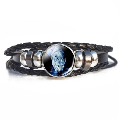 Picture of Fashion Personality Wolf Black Braided Leather Bracelet Glass Cabochon Wolf Pattern Men's Women's Jewelry Gifts