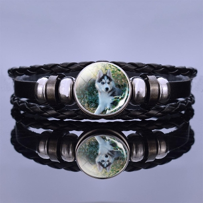 Picture of Animals Bracelet Siberian Husky Glass Cabochon Braided Button Bracelet Black Leather Woven Bangle Cute Dog Jewelry for Men Women