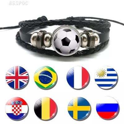 Picture of Soccer And Flag Bracelet Football Glass Cabochon Leather Bracelets Bangle Punk Jewelry Flag Soccer Fans Gift - Bracelet