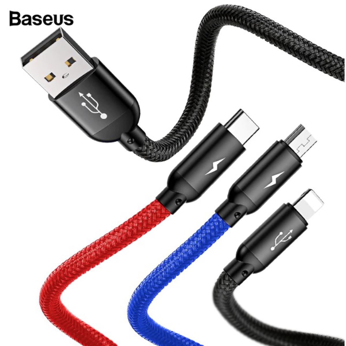 Picture of Baseus Three Primary Colors 3 in 1 USB Cable Micro+iphone+Type-c 3.5A Black 1m
